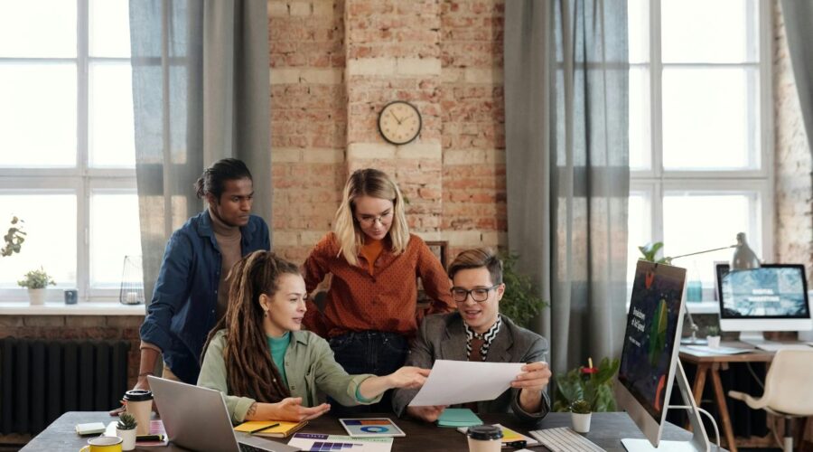 People studying around a table